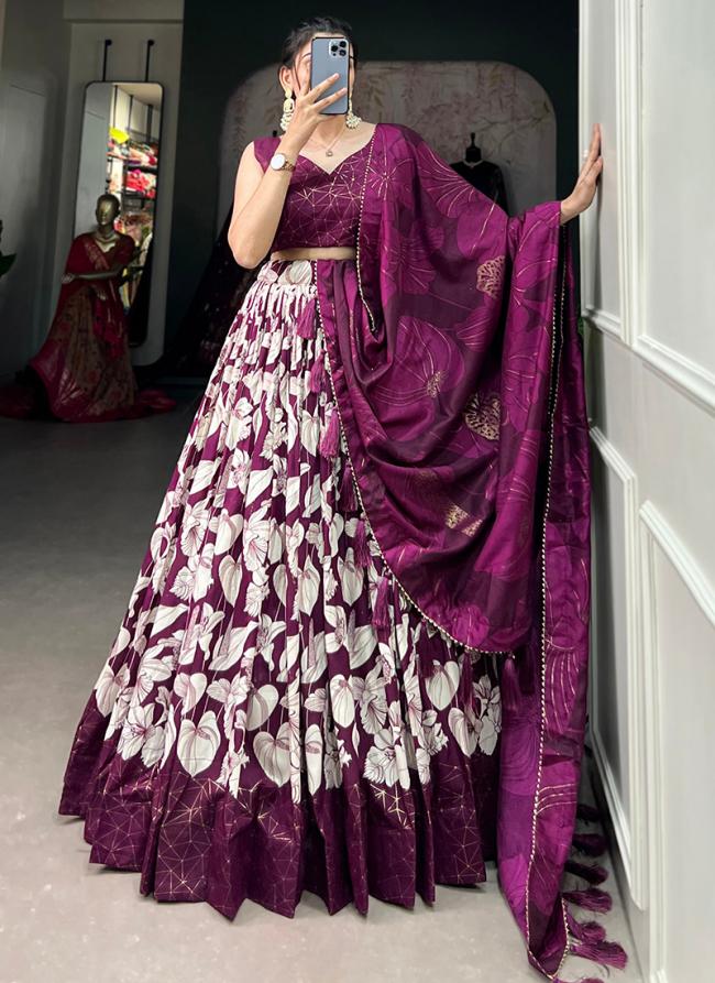 Silk Purple Wedding Wear Floral Print Readymade Lehenga Choli